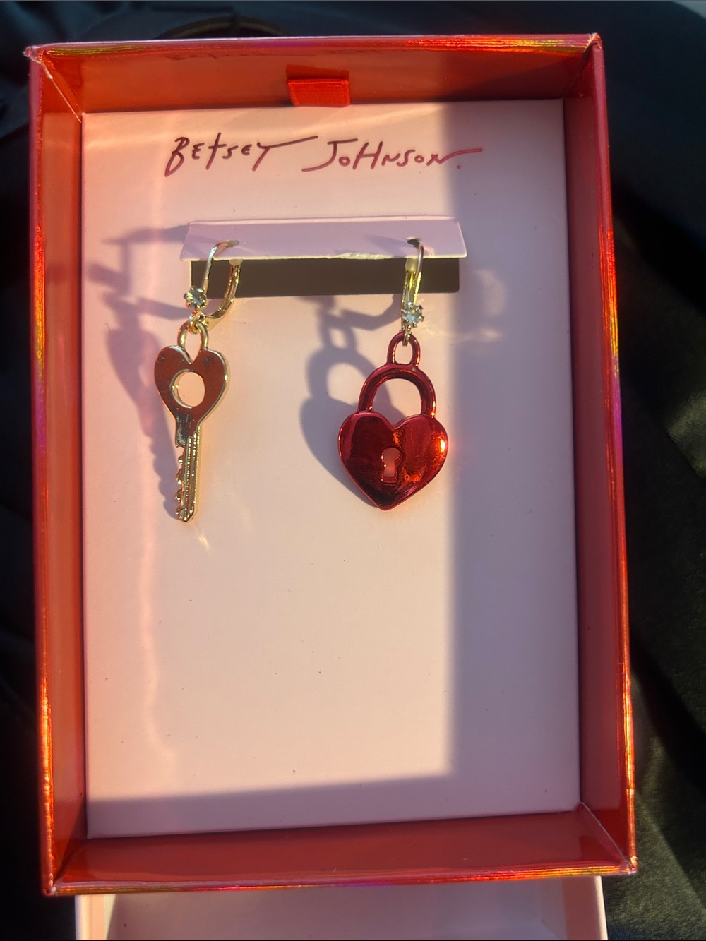 Betsey Johnson Red Heart Padlock & Gold Key Dangle Earrings